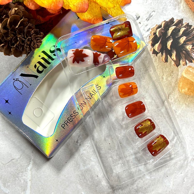 CJDLTS Thanksgiving Press on Nails Short Square Fall Maple Leaf False Nail Full Cover Glossy Acrylic Artificial Fingernails Red Maple Leaf Pattern Festival Stick on Nail Press Ons Glue on Nails for Women - Image 5